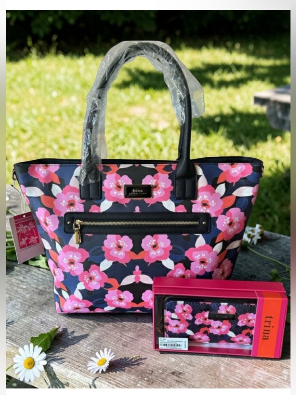 Trina Turk Pink Floral Tote with Navy and Black Accents